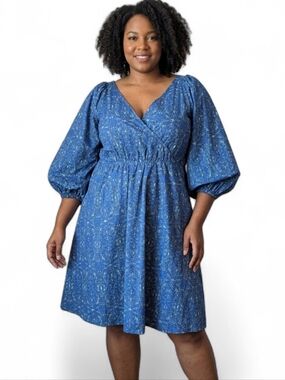 Boho Blue Cotton Floral Midi Dress Balloon Sleeve Cottagecore Romantic 2X